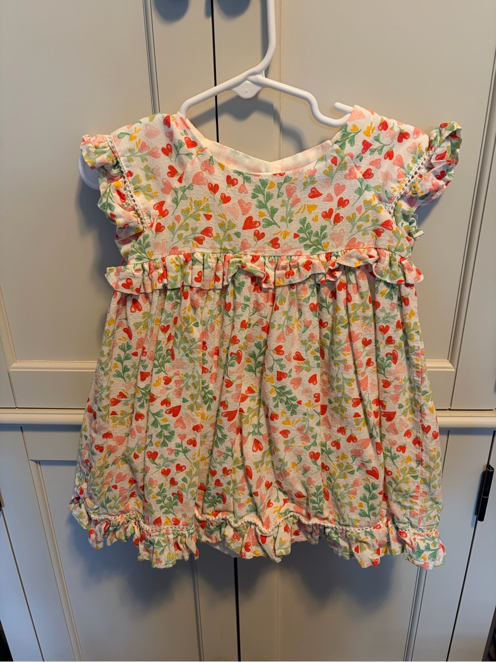Rachel Zoe Girls Floral & Heart Print Ruffle Dress - White, Coral & Green